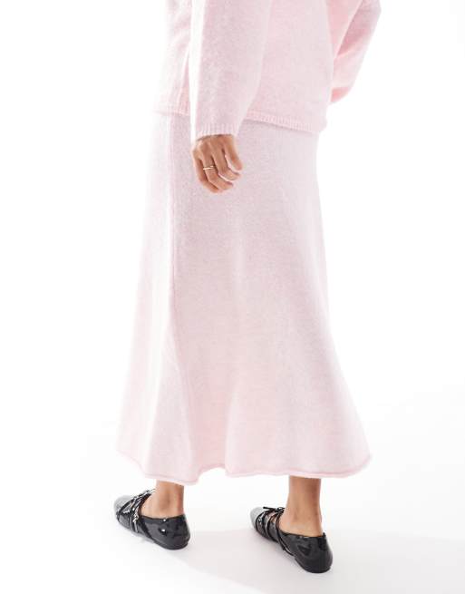 Pieces fluffy knitted maxi skirt co-ord in pink