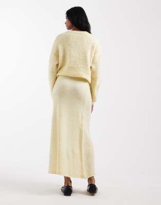 Pieces Fluffy Knitted Midi Skirt Co-ord In Yellow