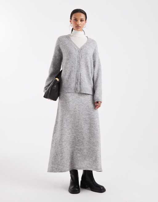 Pieces fluffy knitted v-neck slouchy cardigan co-ord in medium grey melange, 3 of 4