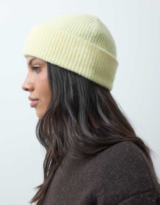Pieces fluffy rib knitted beanie in cream, 2 of 3