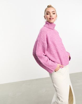 Pieces  fluffy roll neck jumper in pink