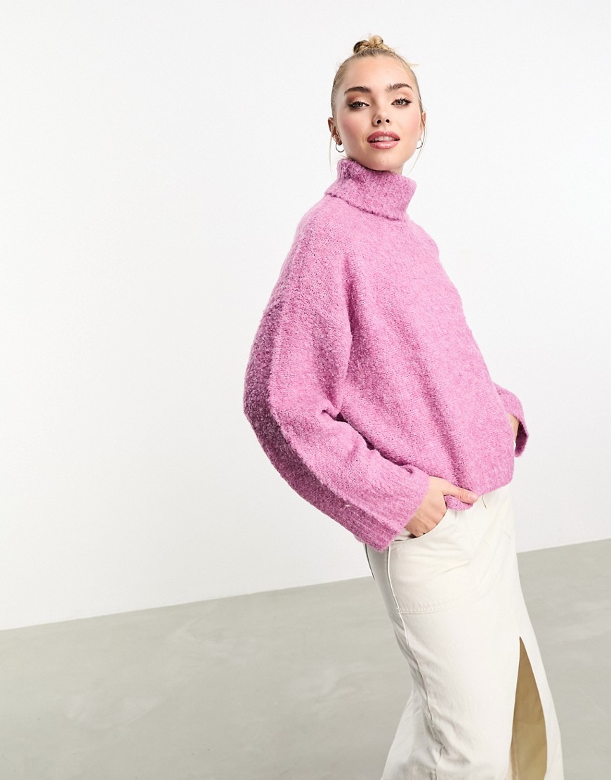 Pieces Fluffy Roll Neck Sweater In Pink
