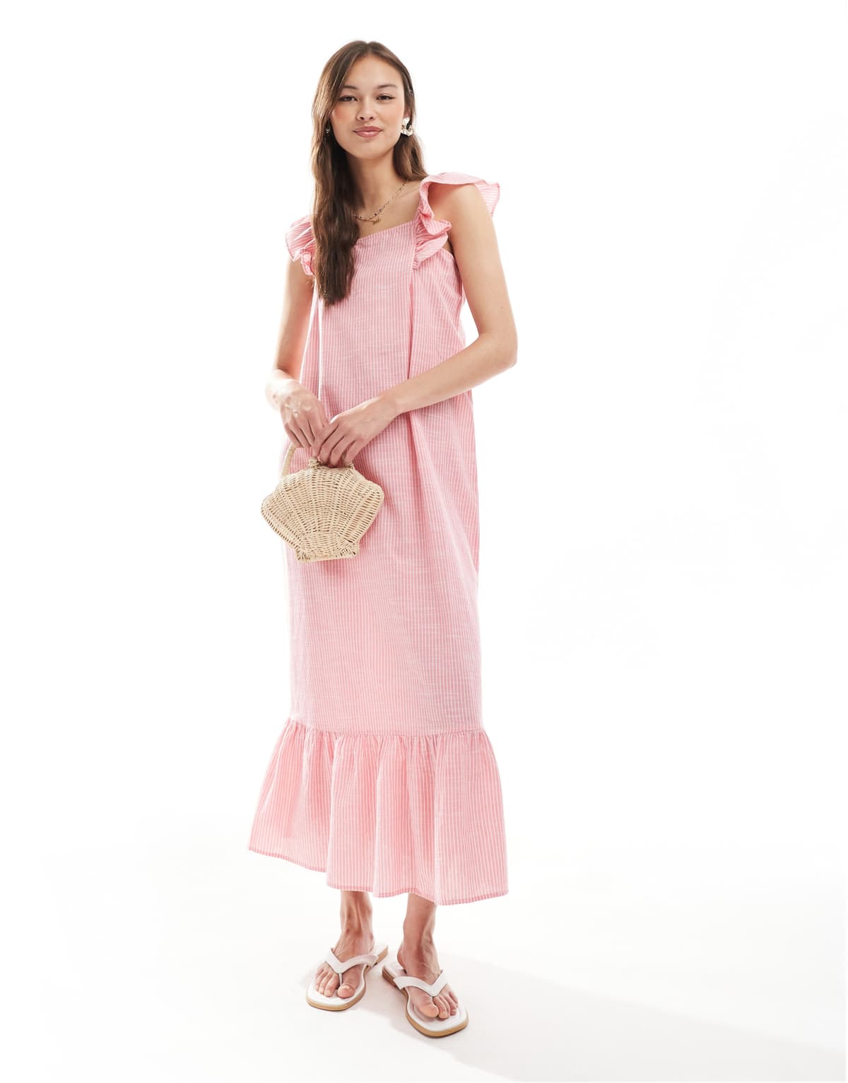 Pieces flutter strap tiered cami maxi dress in pink stripe