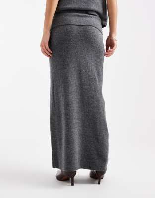 Pieces Fold-over Waist Knit Midi Skirt In Gray
