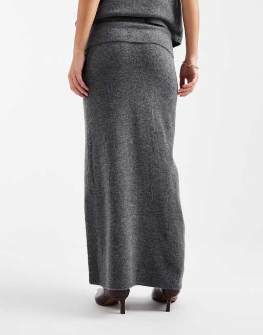 Pieces fold-over waist knit midi skirt in medium gray melange - part of a set, 2 of 5