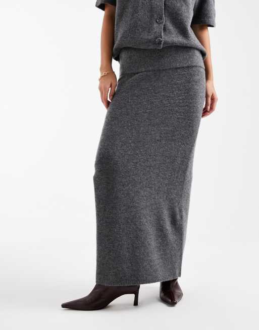 Pieces fold-over waist knit midi skirt in medium gray melange - part of a set, 3 of 5