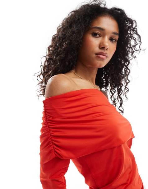 Pieces foldover bardot top in poppy red - view 1
