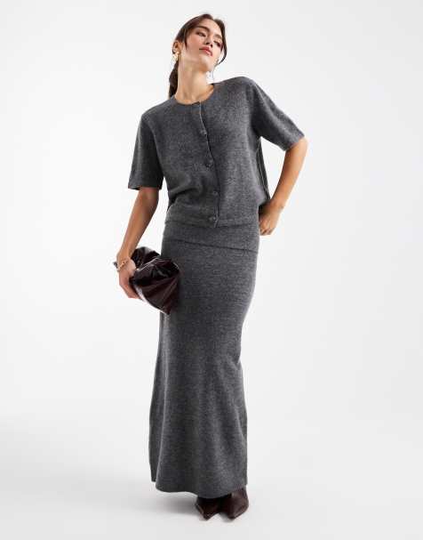 Pieces foldover waist knitted midi skirt in medium grey melange (part of a set) - view 1