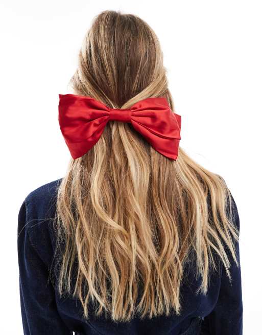 Pieces - Forcina per capelli in raso rosso a forma di fiocco