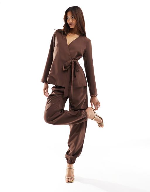 Pieces wrap front blazer and formal woven jogger co-ord in chocolate brown