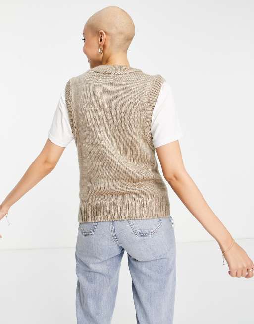 Pieces Frances knit high neck cropped sweater vest in tan | ASOS