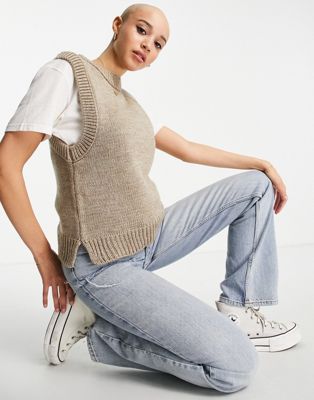 Pieces frances knitted high neck crop vest in tan