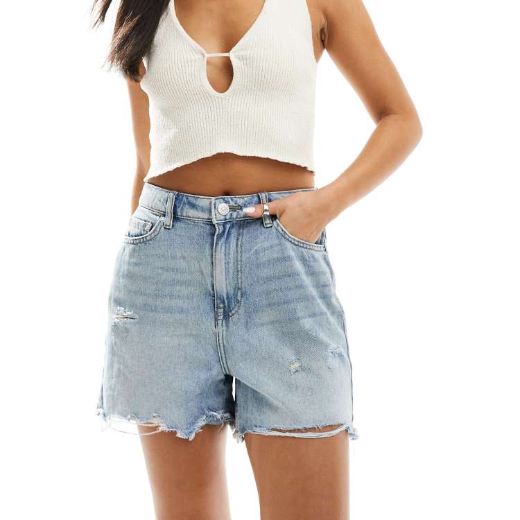 Pieces frayed bottom denim shorts in light blue | ASOS