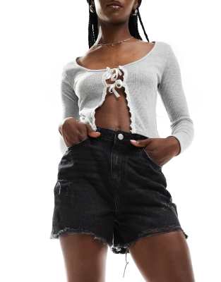 Pieces Frayed Bottom Denim Shorts In Washed Black