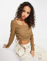 Hiit Soft Touch Ribbed Lounge Long Sleeve Crop Top In Beige-neutral