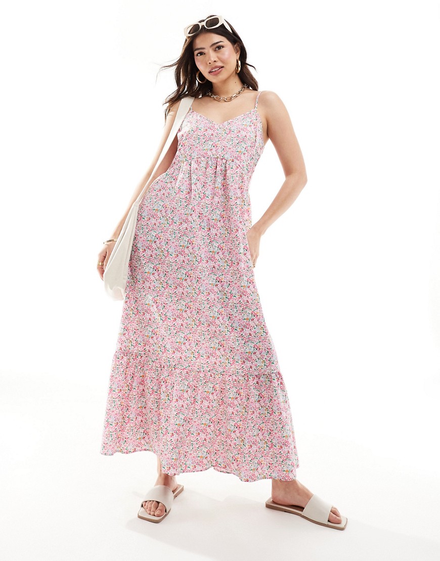 Pieces Frill Bottom Maxi Dress In Pink Floral Print