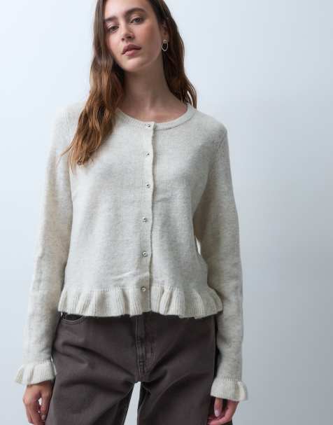 Pieces frill cuff button detail cardigan in cream - view 1