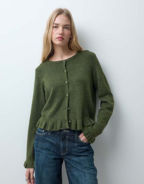 Pieces frill cuff button detail cardigan in moss green - view 1
