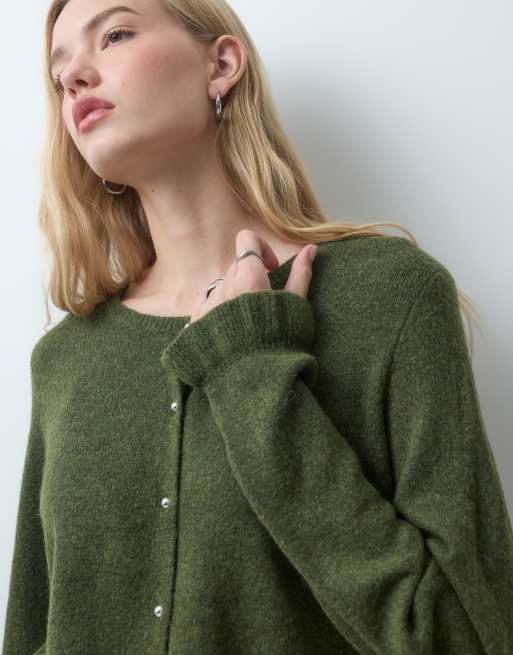 Pieces frill cuff button detail cardigan in moss green, 2 of 4