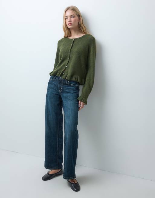 Pieces frill cuff button detail cardigan in moss green, 3 of 4
