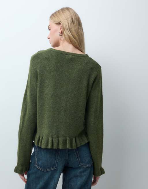 Pieces frill cuff button detail cardigan in moss green, 4 of 4