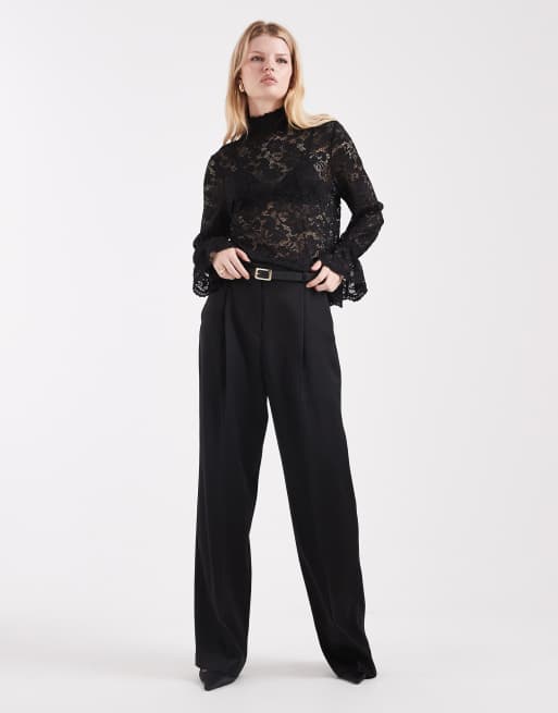 Pieces frill cuff high neck lace top in black, 2 of 4