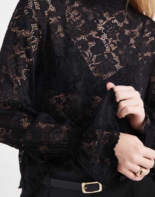 Pieces frill cuff high neck lace top in black, 3 of 4