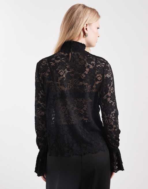 Pieces frill cuff high neck lace top in black, 4 of 4