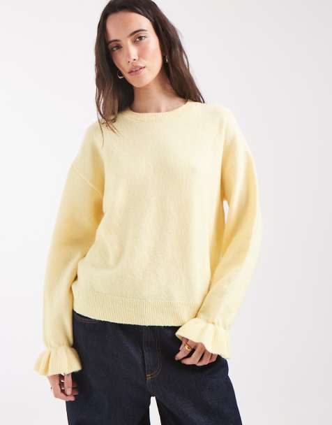 Pieces frill cuff long sleeve knitted jumper in pastel yellow - view 1