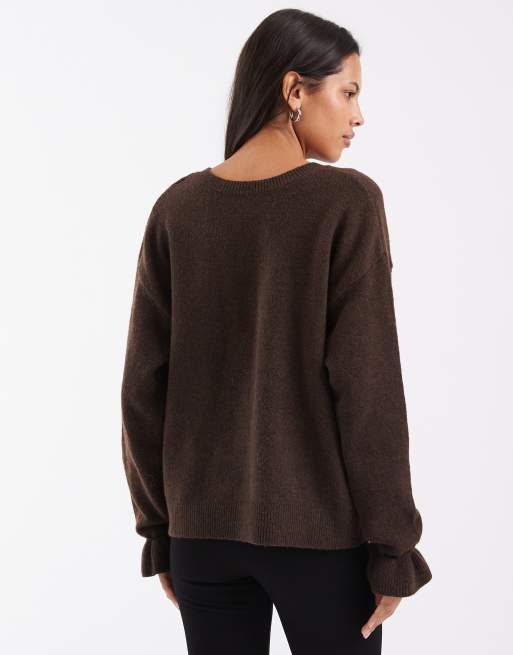 Pieces frill cuff tie front knitted cardigan in chocolate brown, 2 of 4