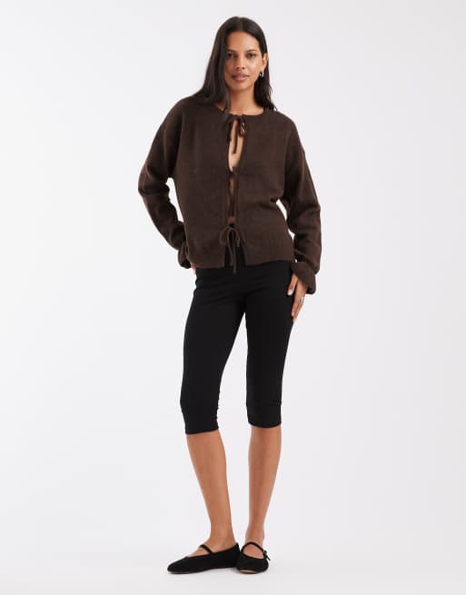 Pieces frill cuff tie front knitted cardigan in chocolate brown, 3 of 4