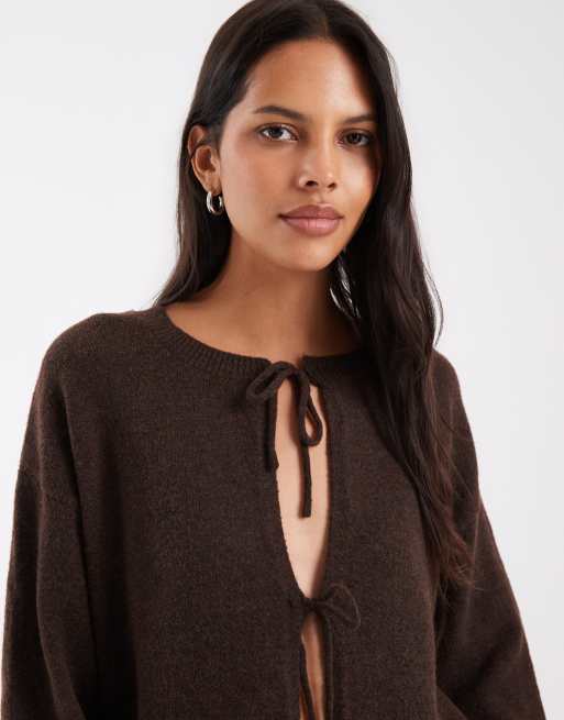 Pieces frill cuff tie front knitted cardigan in chocolate brown, 4 of 4