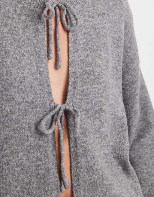 Pieces frill cuff tie front knitted cardigan in medium grey melange, 4 of 4