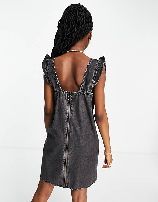 Pieces frill detail denim pinafore dress in washed black 