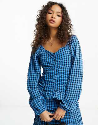 Pieces frill detail top in blue and black check