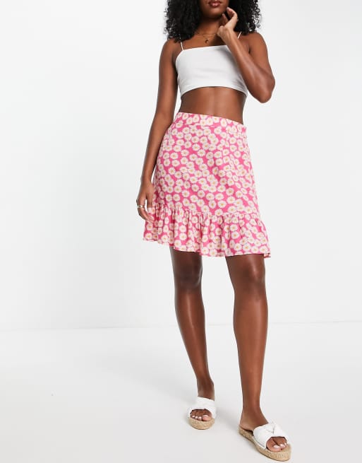 Pieces frill hem mini skirt in pink daisy ASOS