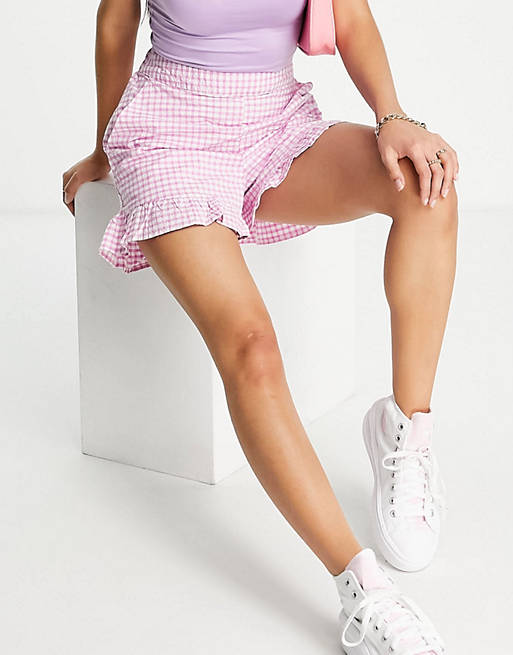 Co-ords Pieces frill hem shorts co-ord in lilac gingham 