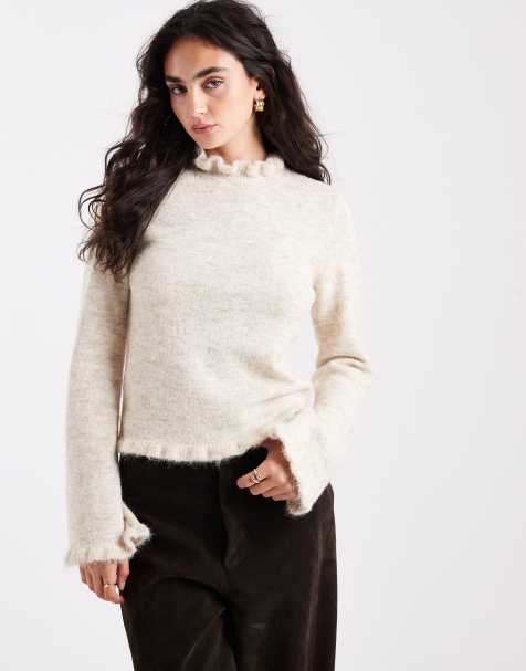Pieces frill neck knit sweater in cream melange - view 1