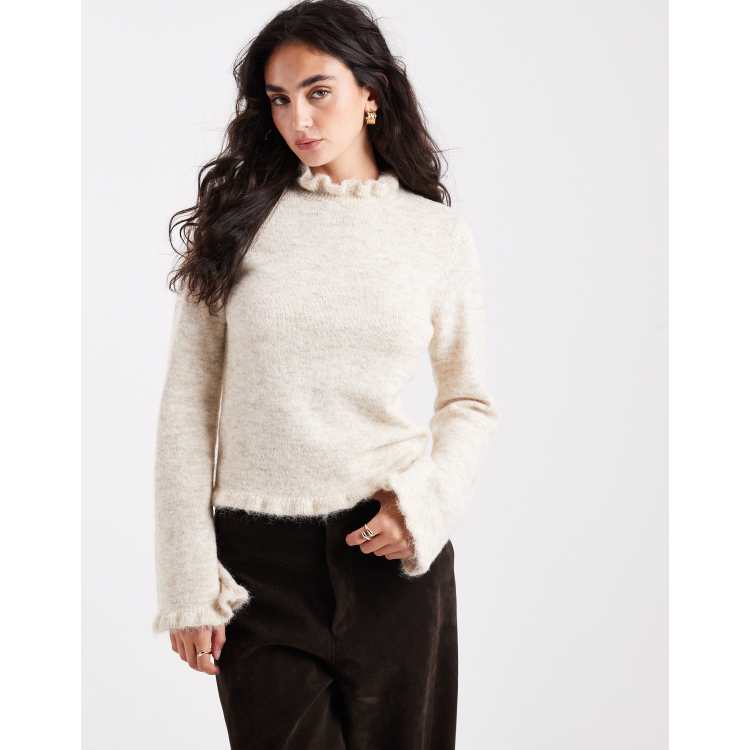 Pieces frill neck knit sweater in cream melange | ASOS