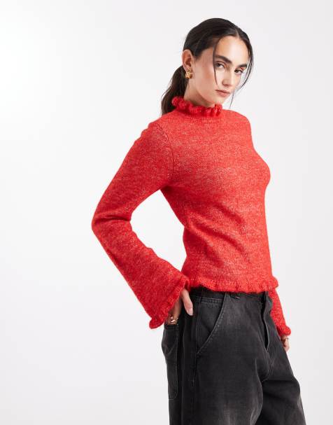 Pieces frill neck knit sweater in red melange - view 1