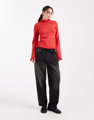 Pieces Frill Neck Knit Sweater In Red