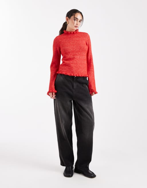 Pieces frill neck knitted jumper in red melange, 2 of 4