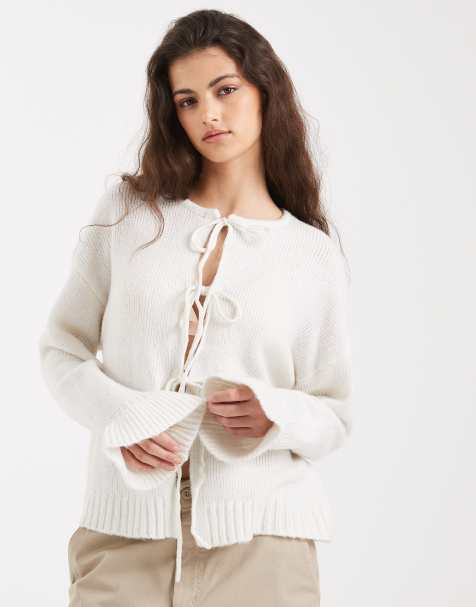 PIECES frill sleeve tie front sweater in cream - view 1