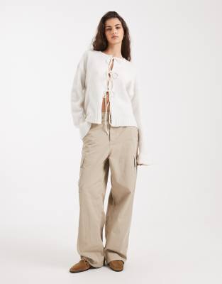 Pieces Frill Sleeve Tie Front Sweater In White