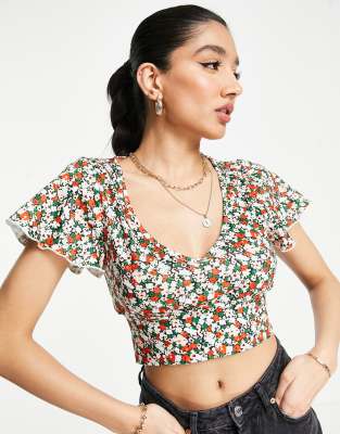 red ditsy floral frill detail crop top