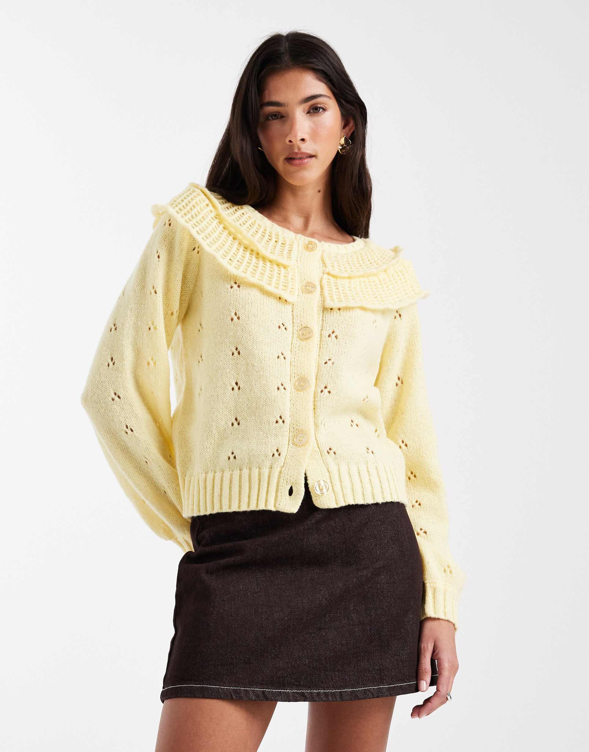 pieces frill trim knit cardigan in pale yellow