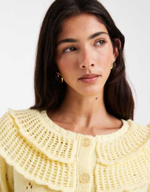 Pieces frill trim knit cardigan in pale yellow, 3 of 4