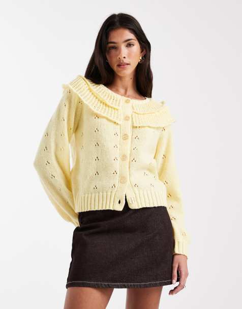 Pieces frill trim knitted cardigan in pale yellow