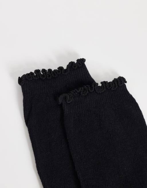 PIECES frill trim pointelle ankle socks in black, 3 of 3
