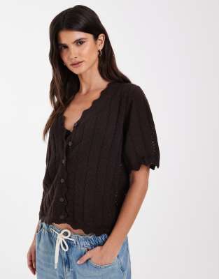 Pieces Frill Trim Short Sleeve Knit Cardigan In Brown
